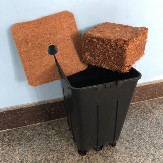 Coir block, weed mat and pot